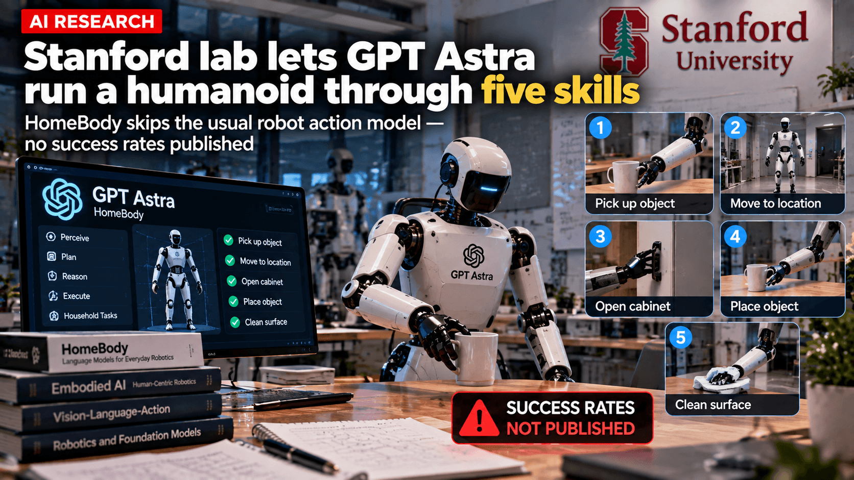 Stanford AI robotics research graphic showing GPT Astra controlling a humanoid robot through five household tasks, including picking up objects, moving, opening a cabinet, placing objects, and cleaning, with a callout noting that success rates were not published