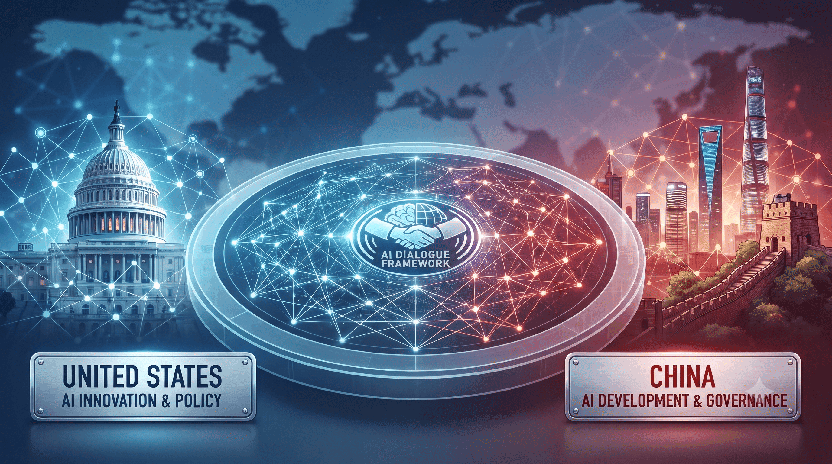A conceptual illustration representing U.S. and China AI diplomacy, featuring the U.S. Capitol on the left connected via digital network lines to Beijing skyline landmarks on the right, converging on a central collaborative platform.