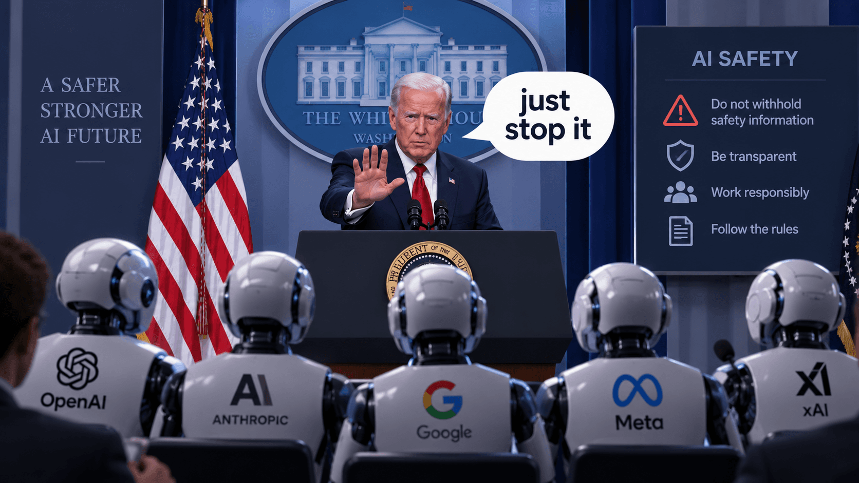 White House briefing scene featuring a government official addressing representatives of major AI laboratories and advanced artificial intelligence systems.