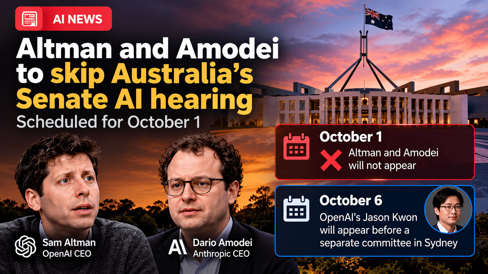 AI news graphic showing Sam Altman and Dario Amodei alongside Australia’s Parliament House, highlighting their absence from the October 1 Senate AI hearing and Jason Kwon’s scheduled October 6 appearance before a separate Sydney committee.