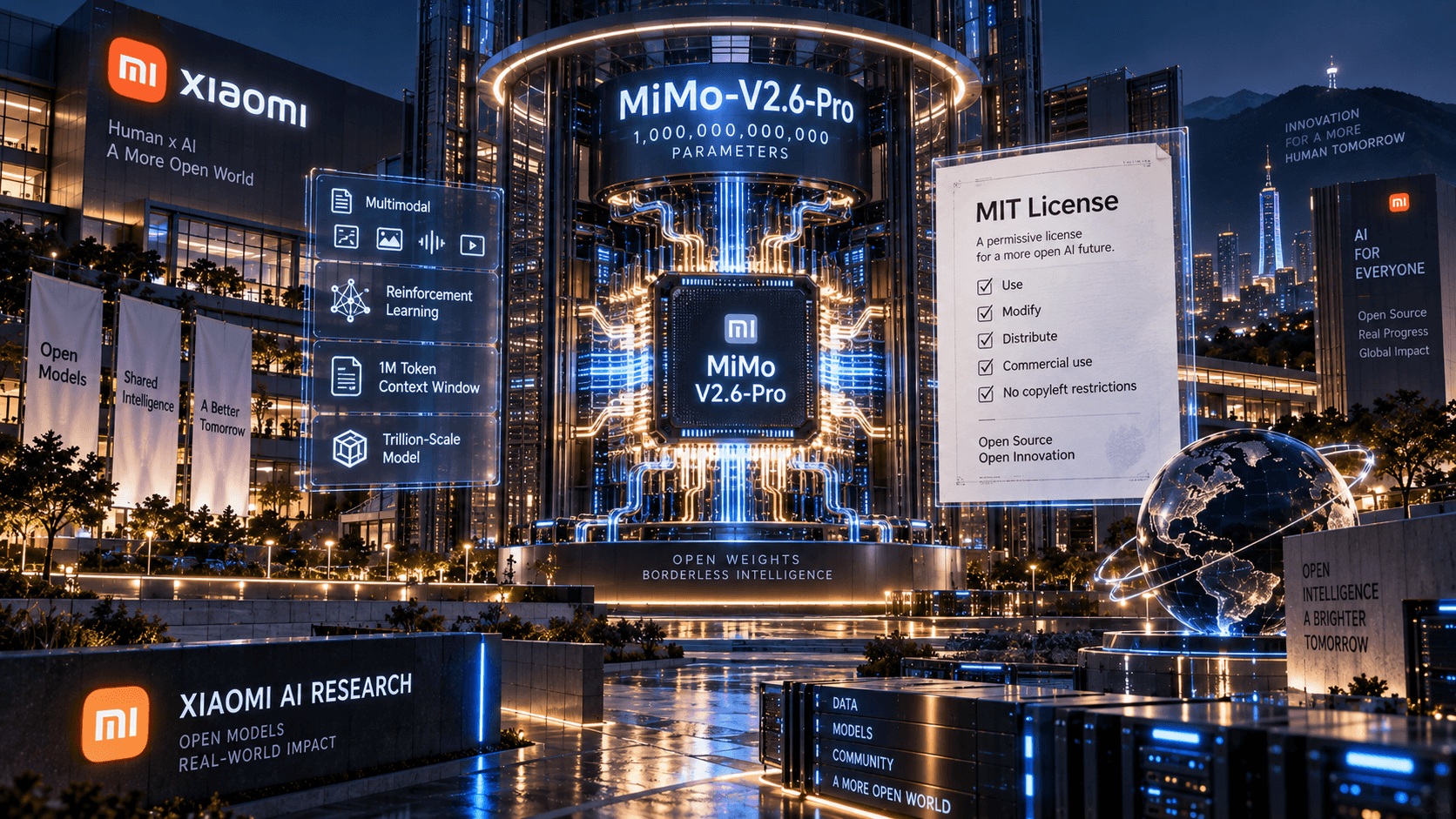 Futuristic Xiaomi AI research facility featuring the MiMo-V2.6 Pro trillion-parameter model and an MIT open-source license representing its release under a permissive license.