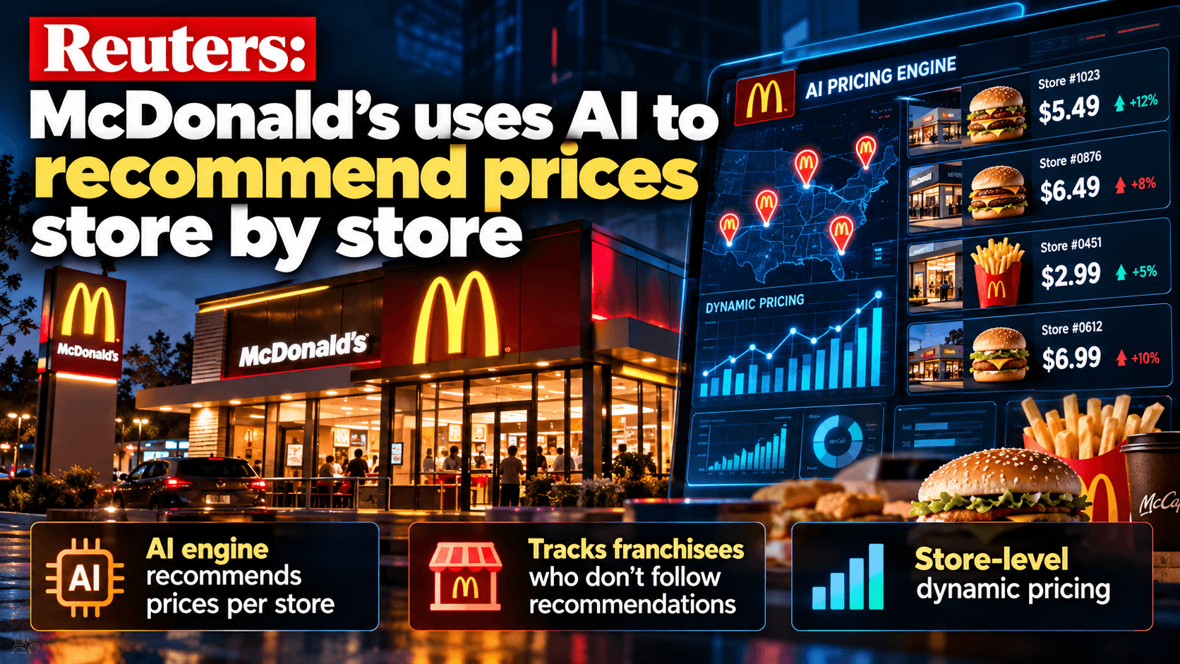 AI business news graphic showing a McDonald’s restaurant and an AI pricing dashboard recommending different prices by store, with maps, product prices, dynamic pricing charts, and callouts about tracking franchisees who do not follow recommendations