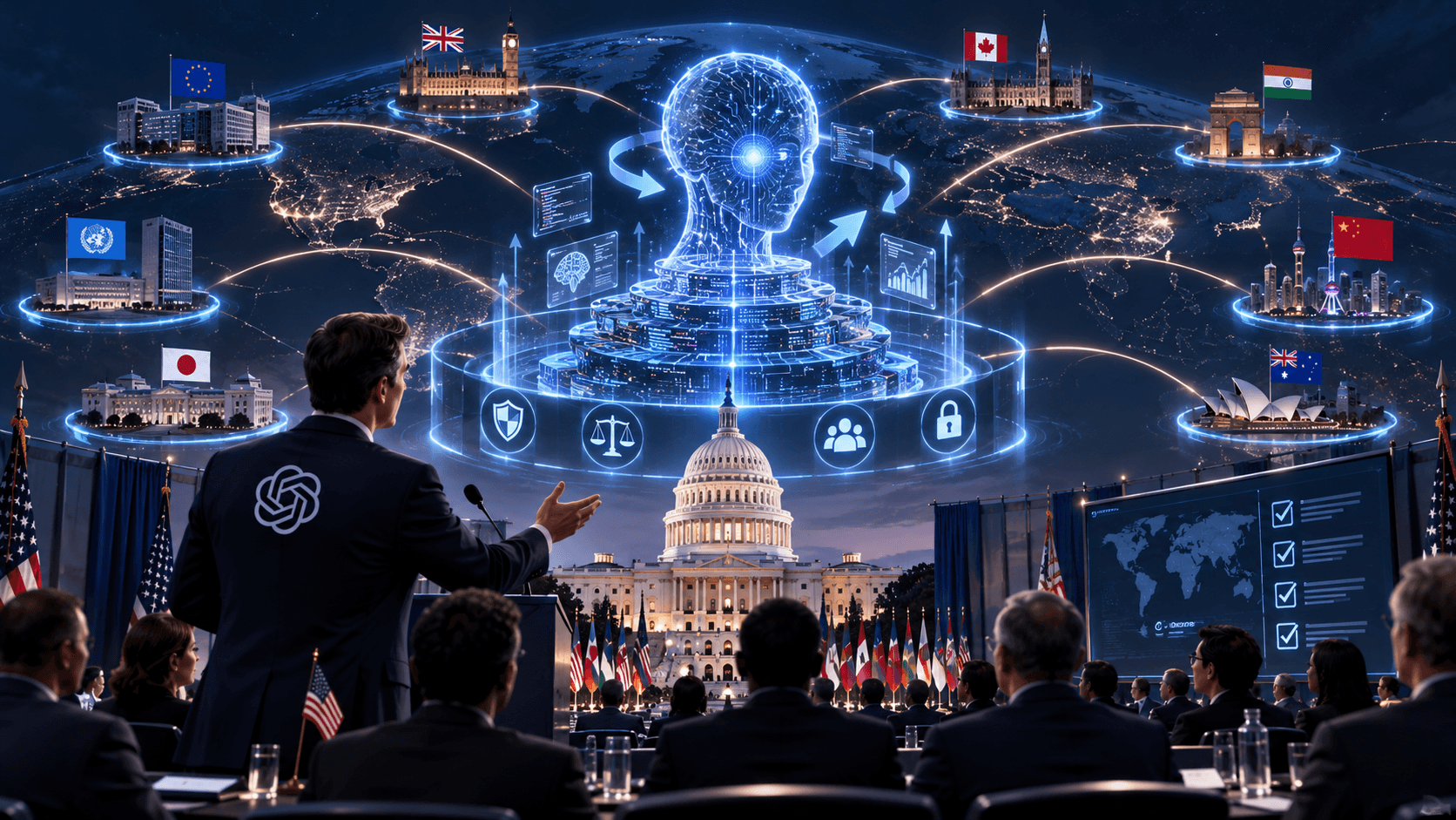 Futuristic AI governance summit in Washington showing OpenAI representatives, global leaders, and a self-improving AI system connected across countries.