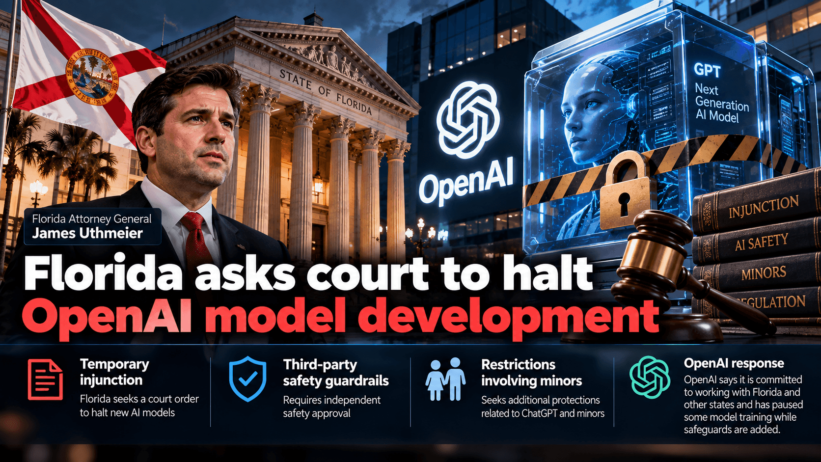 Legal news graphic showing Florida challenging OpenAI’s model development, with the Florida Attorney General, courthouse, OpenAI branding, a locked AI model, and proposed court restrictions involving AI safety and minors