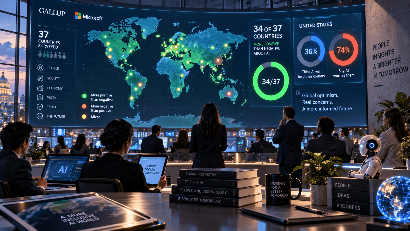 Global AI sentiment research dashboard showing Gallup and Microsoft data from 37 countries, with a world map and statistics indicating that 34 countries report more positive than negative feelings about AI.