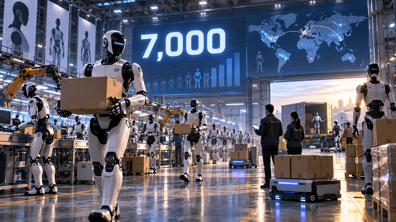Humanoid robots in a futuristic industrial facility representing the sale of approximately 7,000 humanoid robots worldwide in 2025.