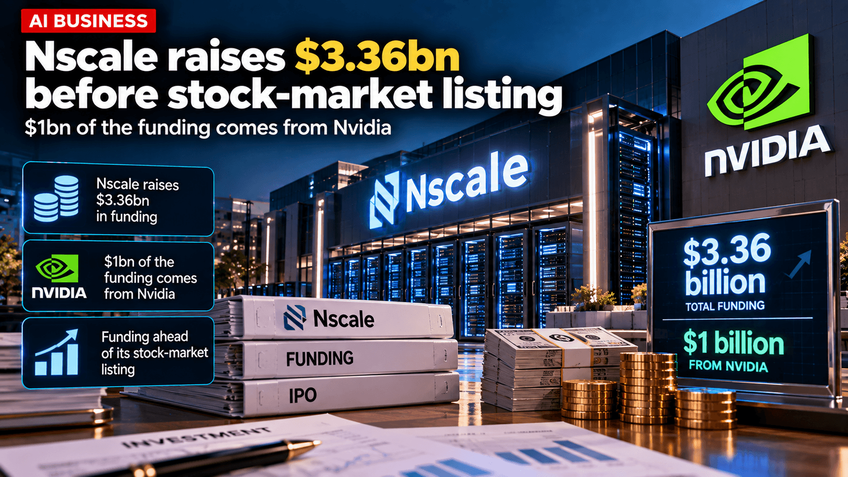 AI business news graphic showing Nscale data-center infrastructure and Nvidia branding, with $3.36 billion in total funding and $1 billion from Nvidia highlighted ahead of a stock-market listing.