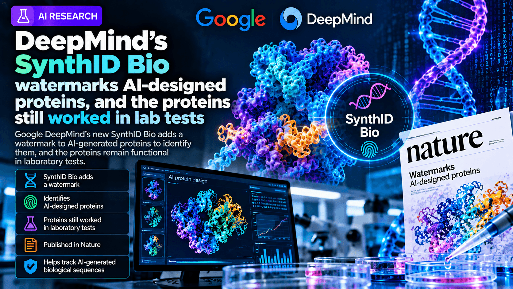 AI research graphic showing Google DeepMind's SynthID Bio technology watermarking AI-designed proteins, with colorful molecular protein structures, DNA imagery, laboratory test equipment, and a Nature research publication reference.