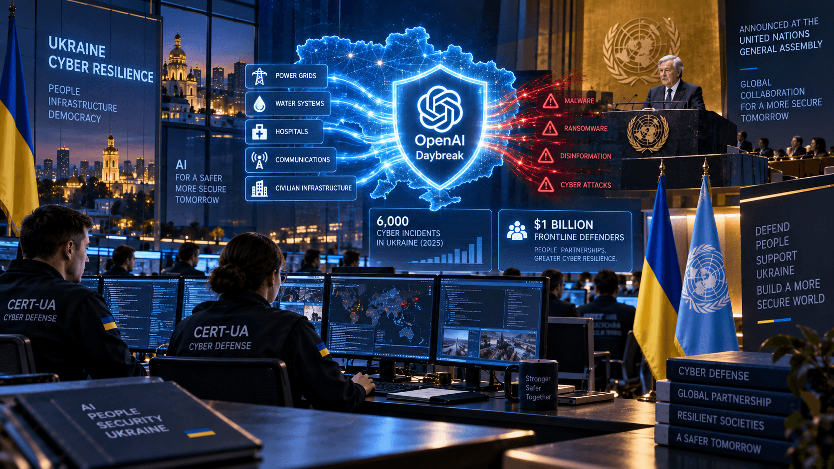 Cybersecurity operations center showing OpenAI Daybreak protecting Ukraine's critical infrastructure, with a map of Ukraine, cyber defense systems, CERT-UA operators, UN imagery, and statistics on cyber incidents.