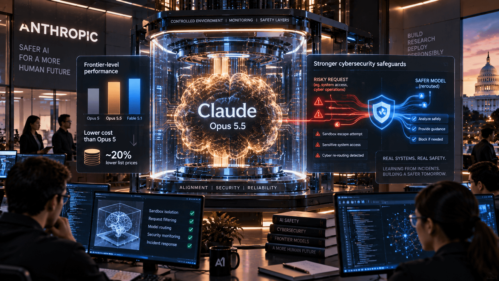 Futuristic Anthropic AI laboratory featuring Claude Opus 5.5, with visualizations of frontier-level performance, lower pricing, cybersecurity safeguards, sandbox escape testing, and cyber re-routing research.