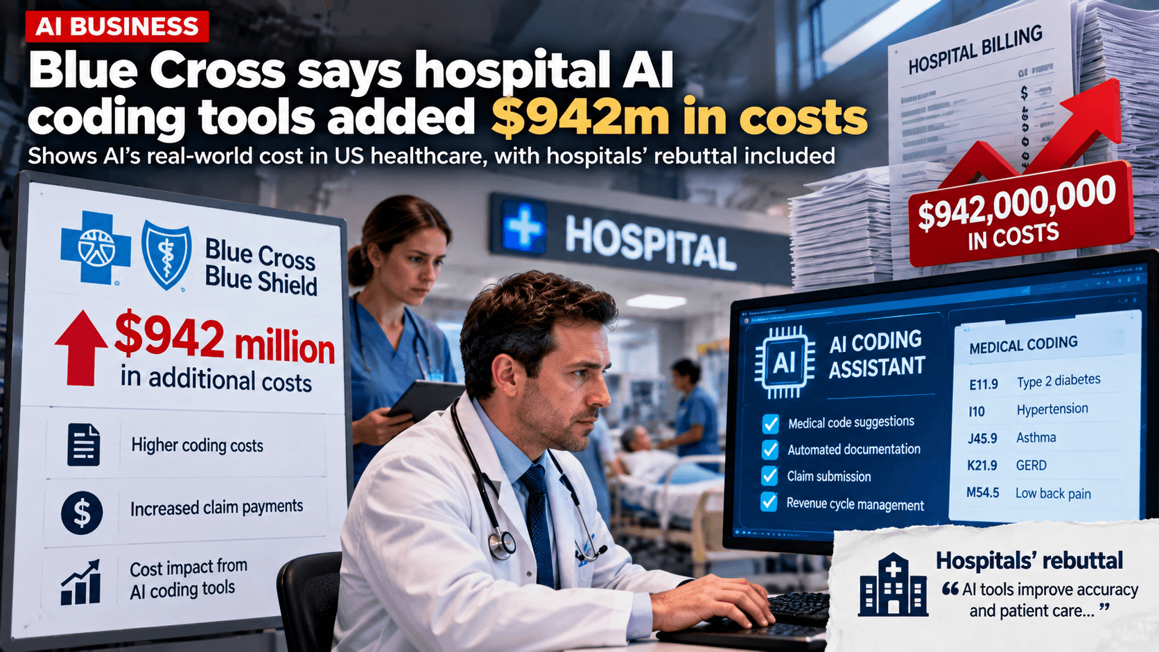 Healthcare news graphic showing a hospital, AI medical coding software, billing documents, and a $942 million additional-cost callout, alongside a hospital rebuttal.