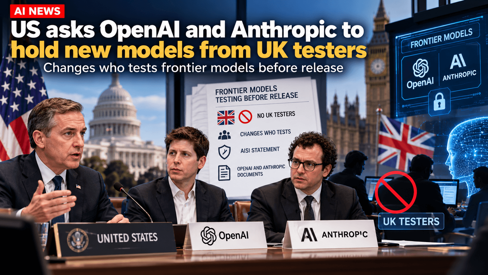News graphic showing U.S. and U.K. officials alongside OpenAI and Anthropic representatives, with frontier AI model testing documents, UK Parliament, and a “No UK Testers” policy display.