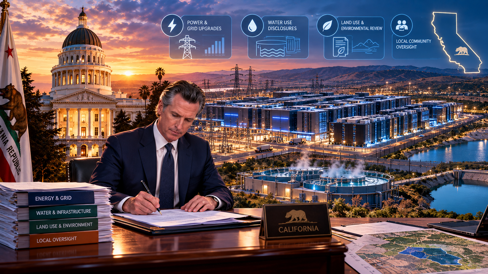 California policy signing scene showing Governor Gavin Newsom signing data-center legislation addressing electricity costs, water use, land use, environmental review, and community oversight.