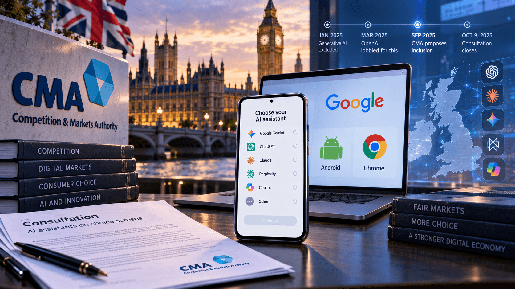 UK Competition and Markets Authority scene showing a smartphone AI assistant choice screen with Google Gemini, ChatGPT, Claude, Perplexity, and Copilot, alongside UK regulatory documents and Parliament.