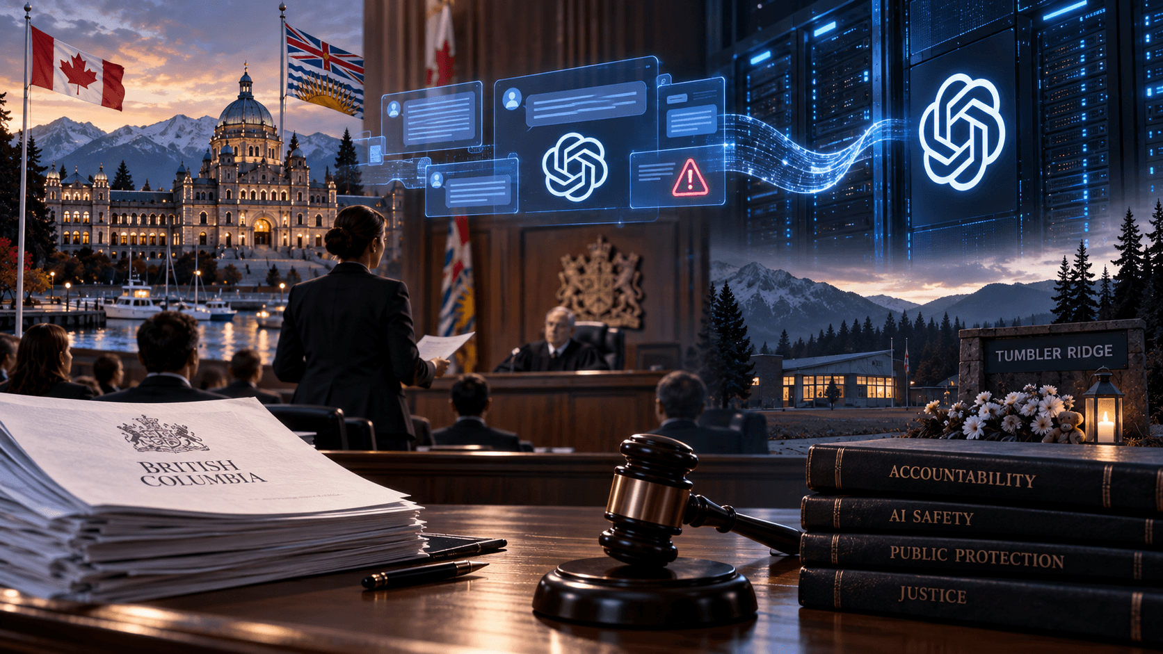 Cinematic courtroom scene showing British Columbia legal documents, OpenAI technology, and a Tumbler Ridge memorial representing the lawsuit over the school shooting.