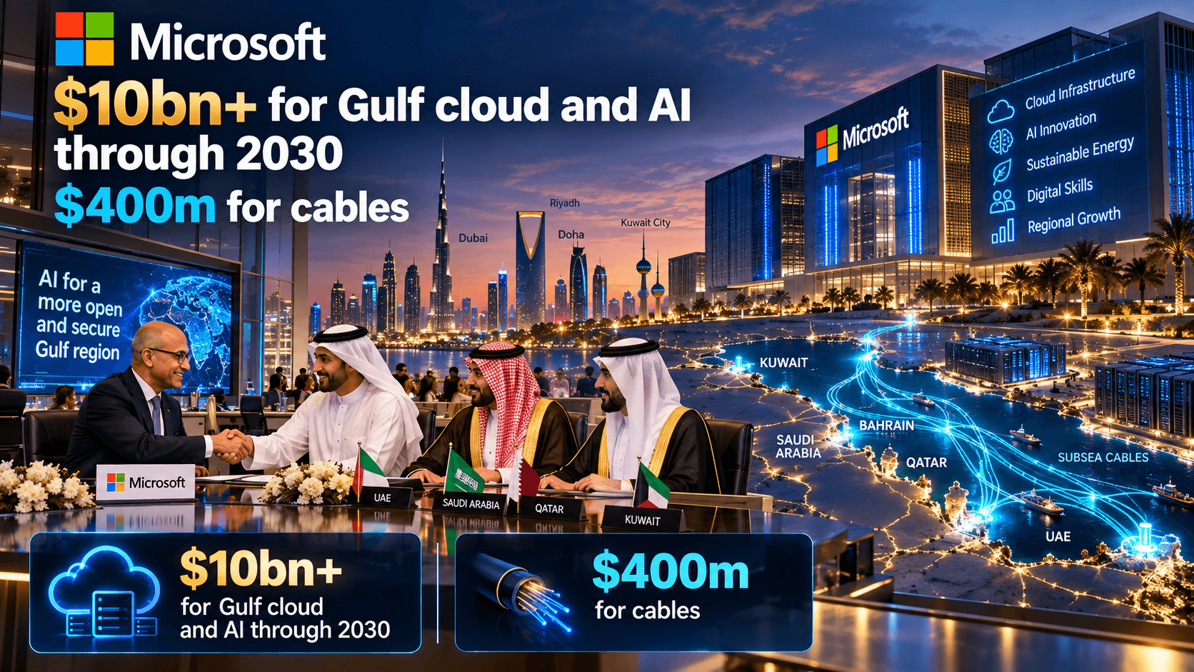 Microsoft Gulf investment illustration showing cloud and AI data centers, Gulf representatives, regional infrastructure, subsea cable routes, and more than $10 billion in planned investment through 2030.