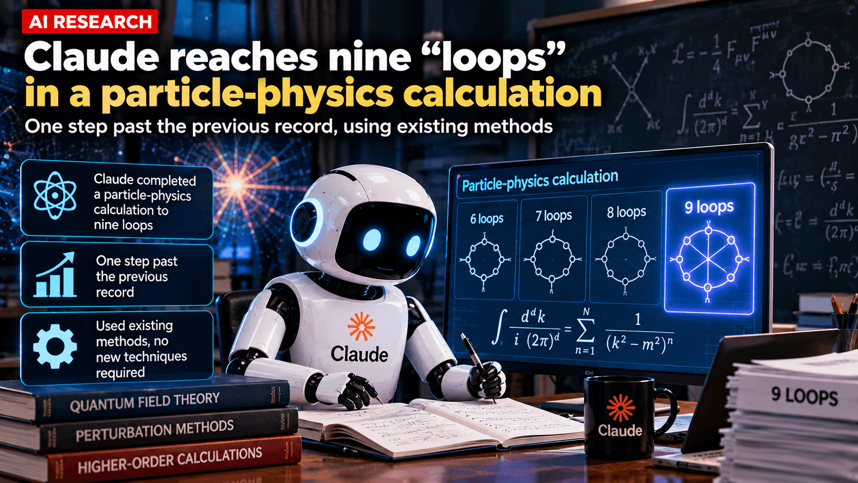 AI research graphic showing Claude completing a nine-loop particle-physics calculation, with mathematical equations, loop diagrams, quantum field theory references, and a comparison with previous records.