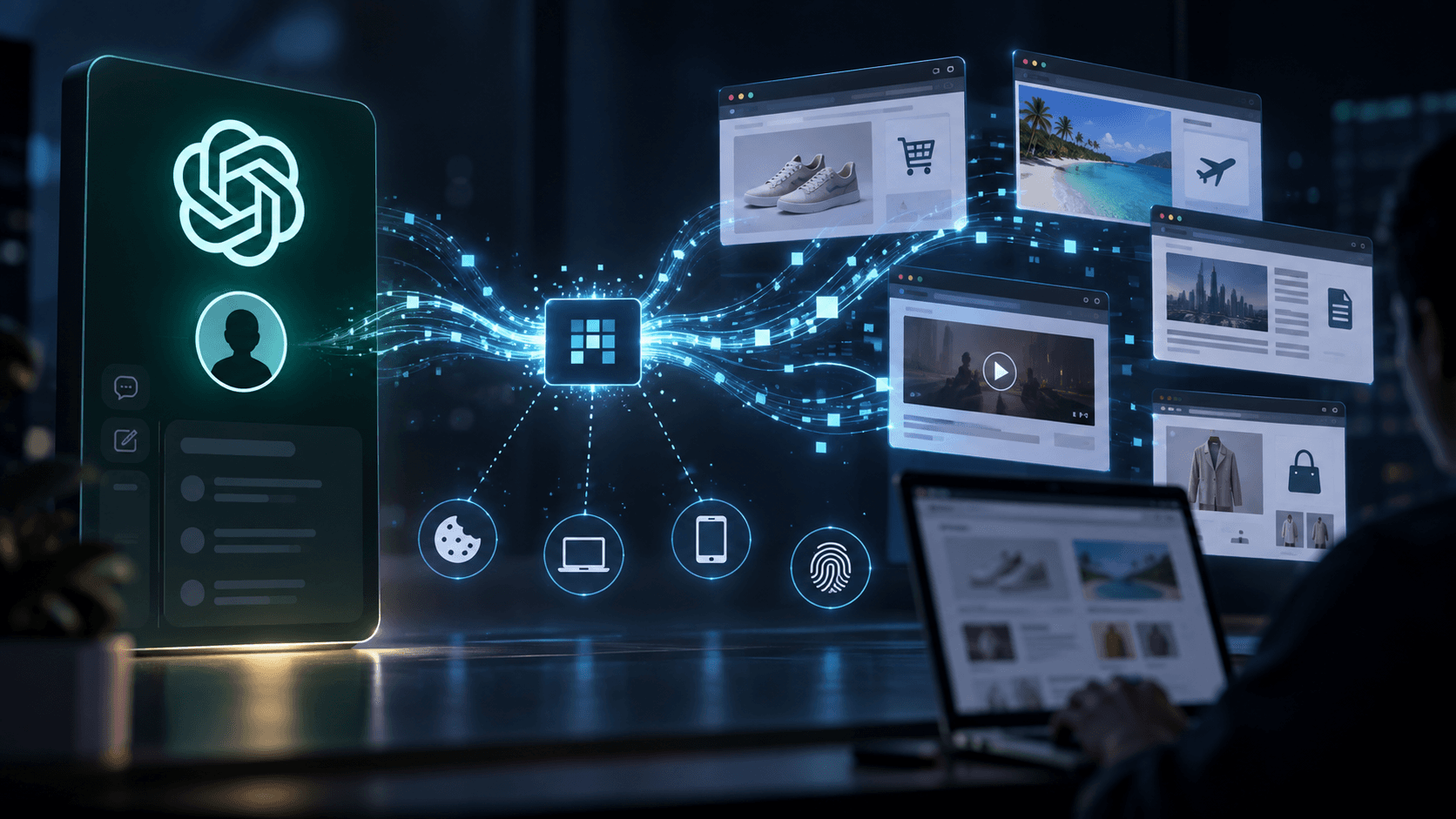 Cybersecurity illustration showing a ChatGPT account connected through a tracking pixel to browsing activity across shopping, travel, news, and media websites.