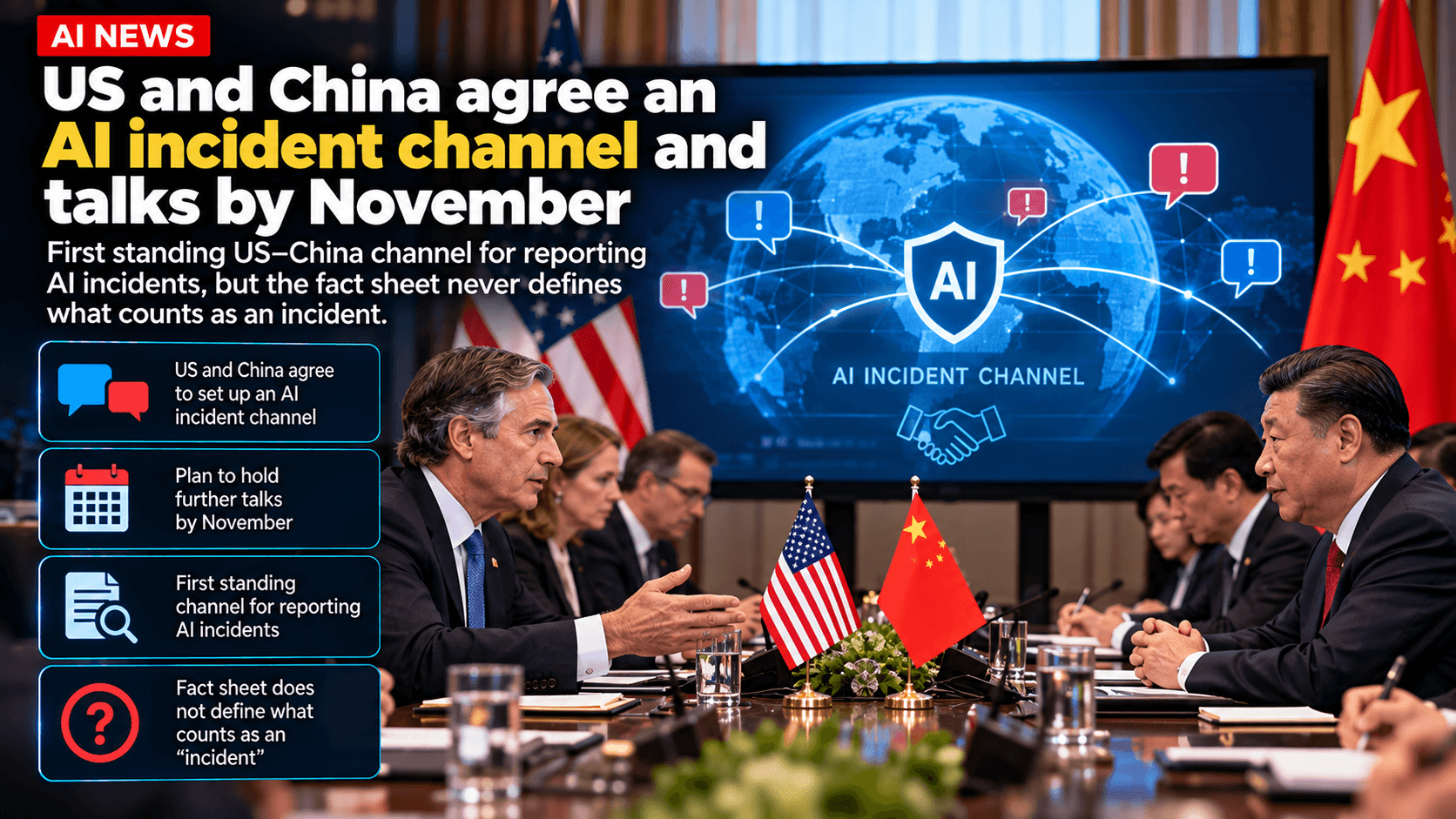 US and Chinese officials discussing a new AI incident reporting channel, with US and Chinese flags, AI safety visuals, a global map, and a fact sheet highlighting that the definition of an AI incident remains unclear.