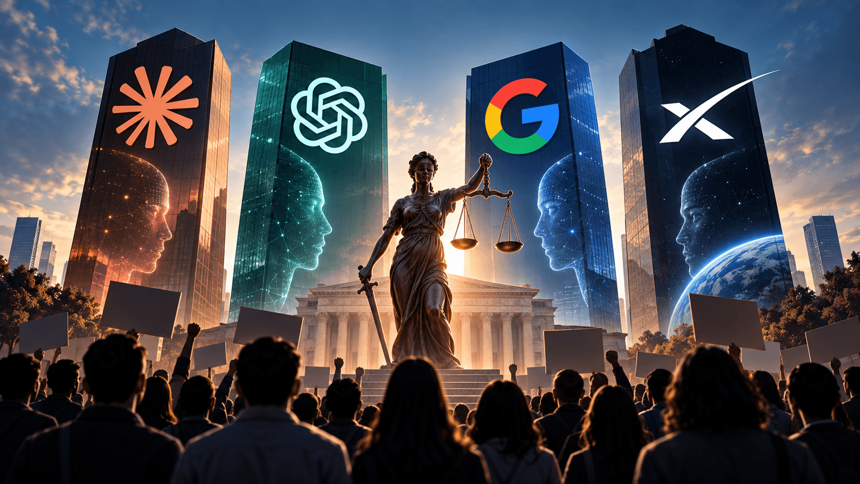 Futuristic courtroom scene showing AI company buildings, a crowd of subscribers, and Lady Justice representing a legal dispute over AI services and consumer rights.
