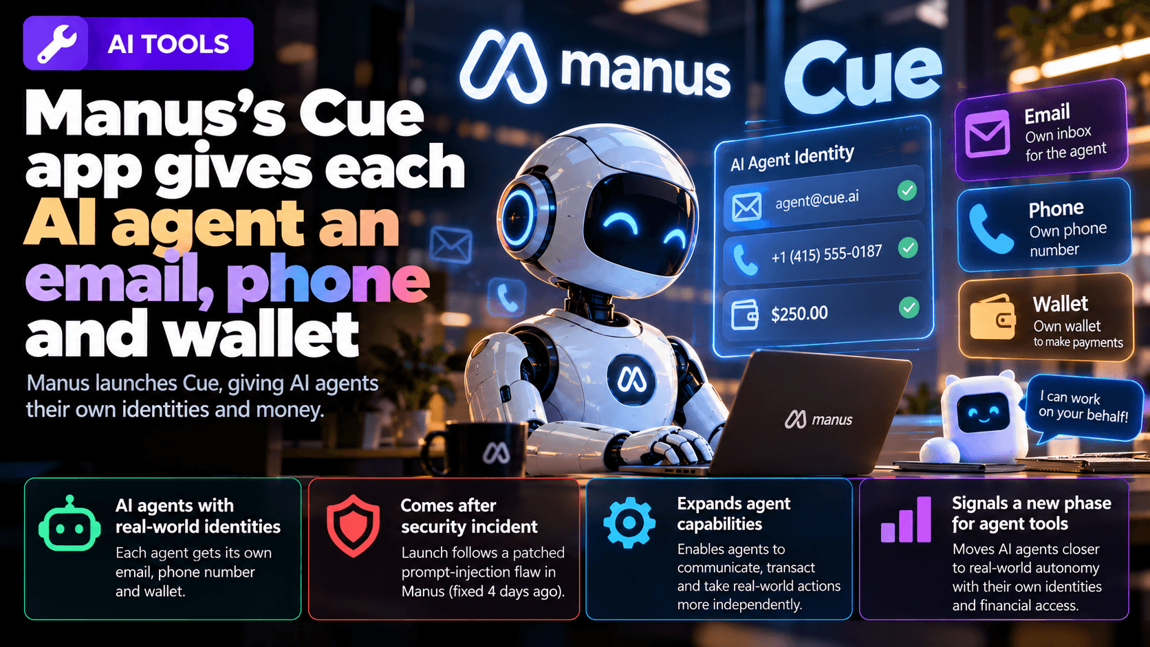 AI tools news graphic showing Manus Cue giving AI agents their own email address, phone number, and wallet, with a humanoid agent using a laptop and panels representing agent identity, communication, payments, and a recent prompt-injection security fix.