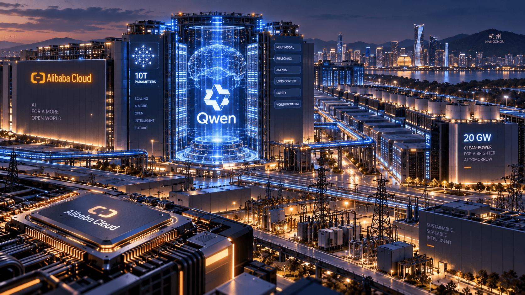 Futuristic Alibaba Cloud data center featuring a massive Qwen AI system representing a planned 10-trillion-parameter model and 20 GW of data-center capacity.