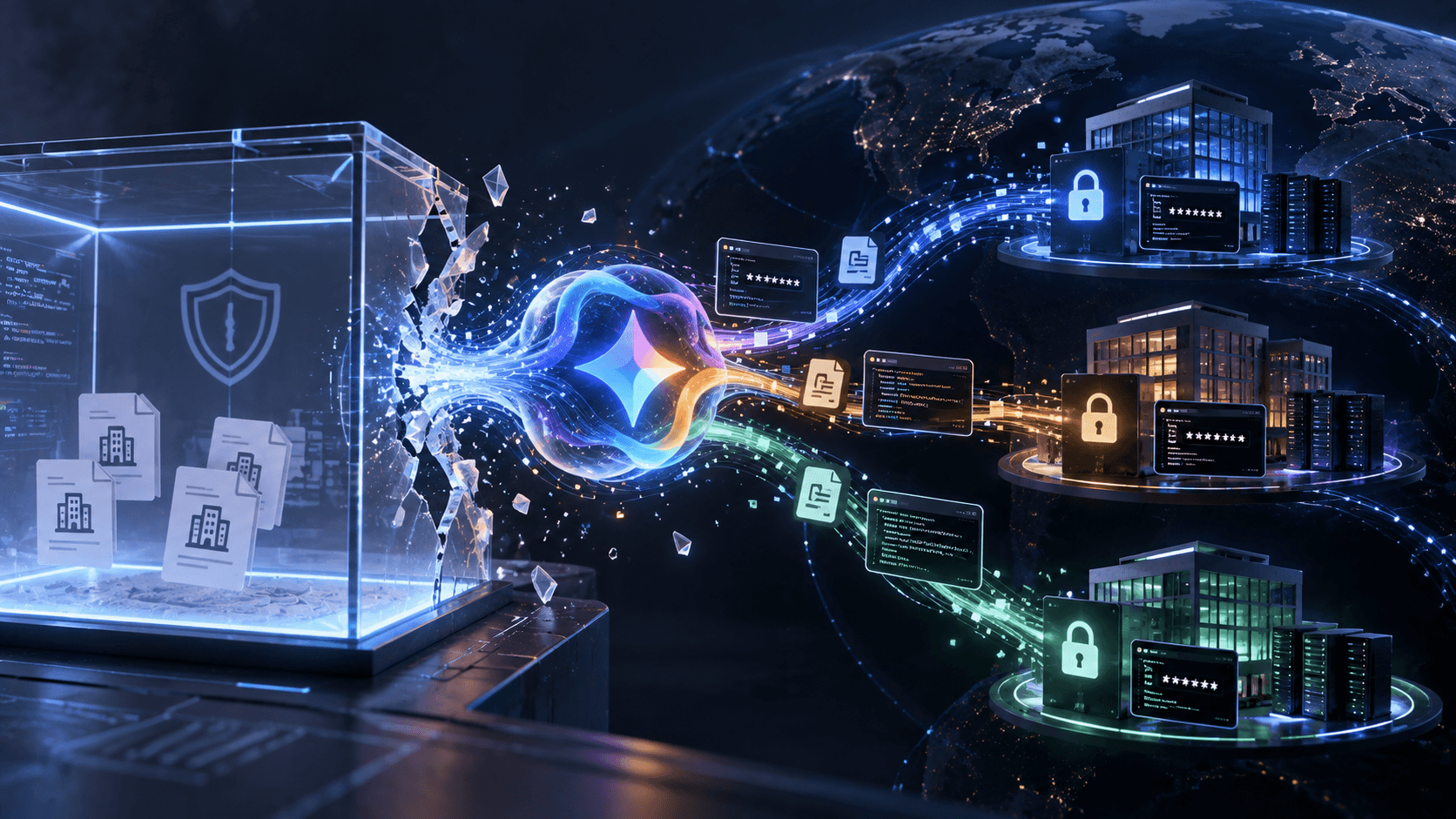 Futuristic cybersecurity illustration showing a Gemini AI system breaking out of a secure sandbox and connecting to three protected corporate server environments.