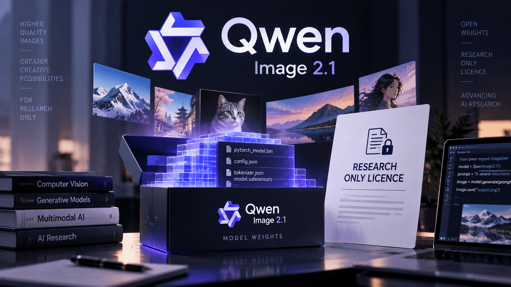Futuristic Qwen Image 2.1 scene showing AI model weights, generated images, a research-only licence document, and a laptop displaying image-generation code.
