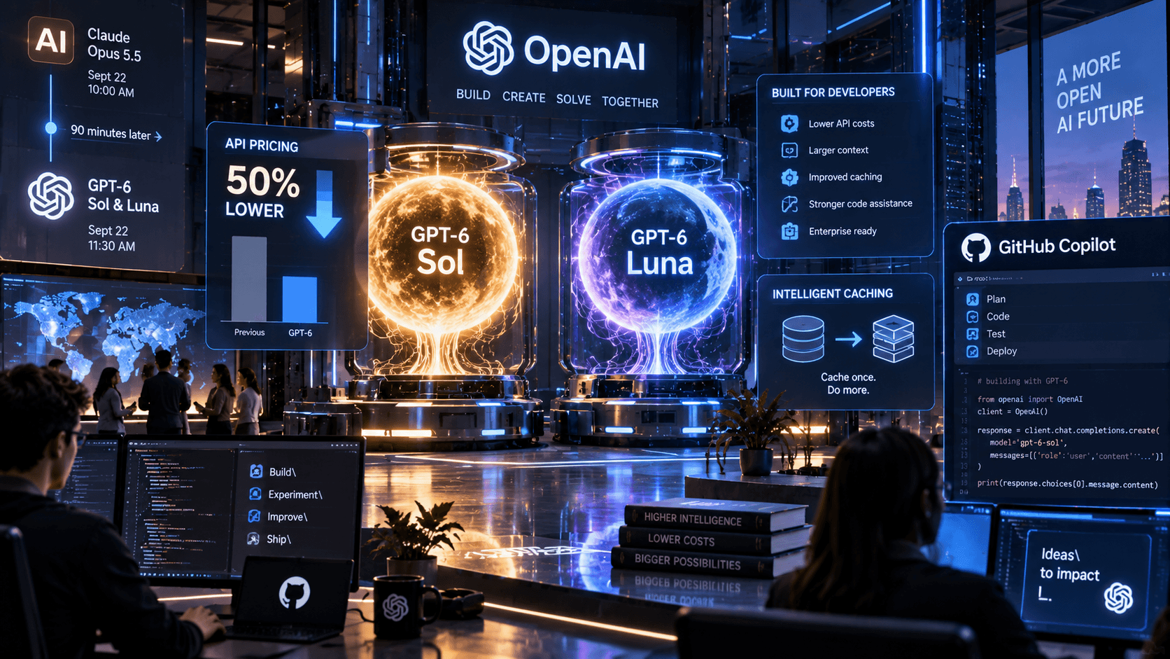 Futuristic OpenAI development lab featuring GPT-6 Sol and GPT-6 Luna AI models, with displays highlighting lower API prices, intelligent caching, developer tools, and GitHub Copilot integration.