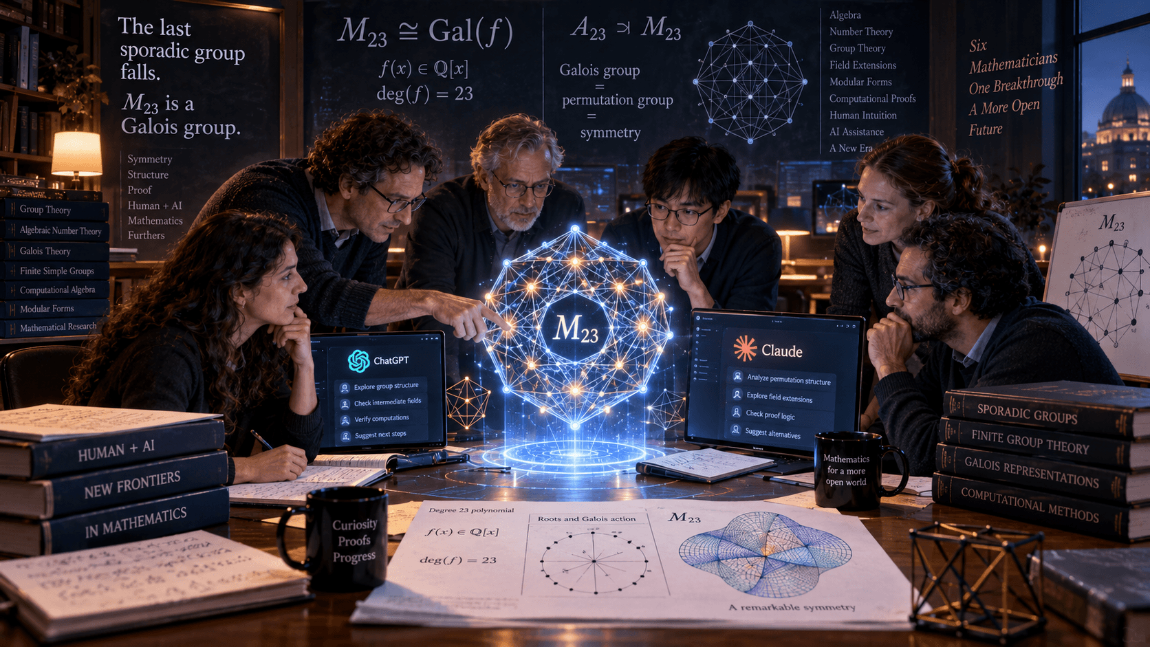 Mathematics research laboratory showing six mathematicians studying the M23 Galois group, with mathematical equations, geometric symmetry diagrams, and Claude and ChatGPT displayed as AI research assistants.