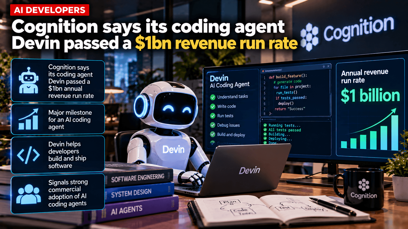 AI developers news graphic showing Cognition’s Devin coding agent working at a computer, with software development dashboards and a $1 billion annual revenue run-rate callout.