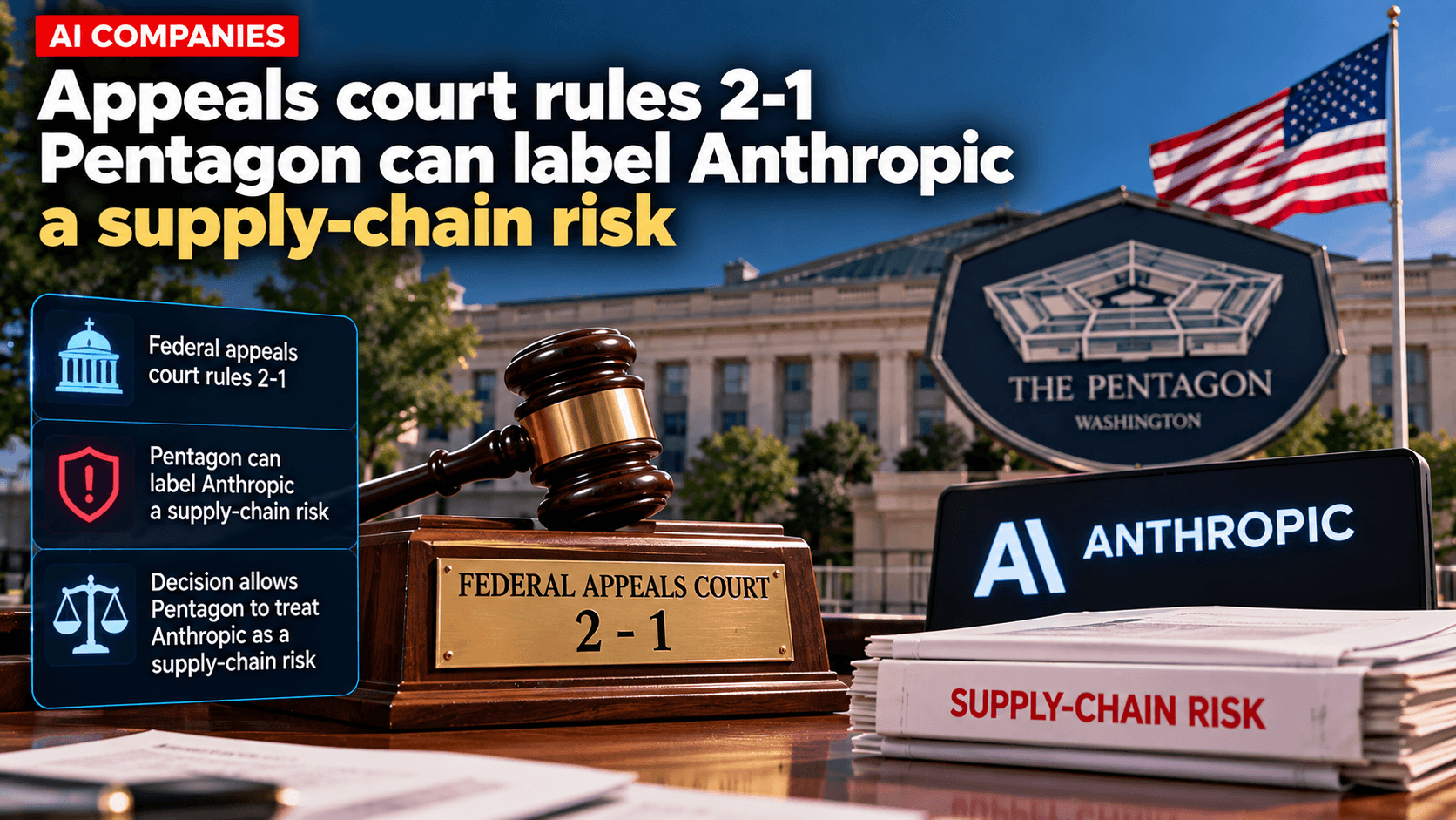 AI companies news graphic showing a federal appeals court ruling, Pentagon building, gavel, Anthropic branding, and a 2–1 decision allowing the Pentagon to label Anthropic a supply-chain risk.