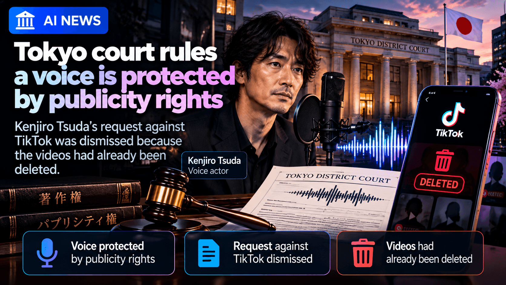 Japanese legal news graphic showing Tokyo District Court, Kenjiro Tsuda with a studio microphone and voice waveform, a TikTok phone screen marked deleted, a courtroom gavel, and callouts stating that a voice is protected by publicity rights while the request against TikTok was dismissed because the
