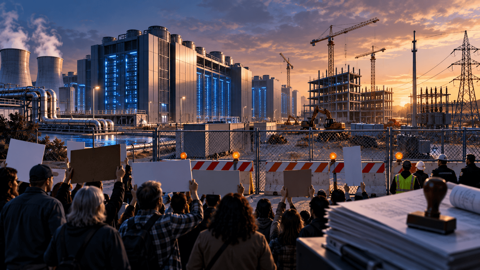 Large-scale US data center construction projects facing delays, with unfinished server facilities, cranes, power infrastructure, and barriers.