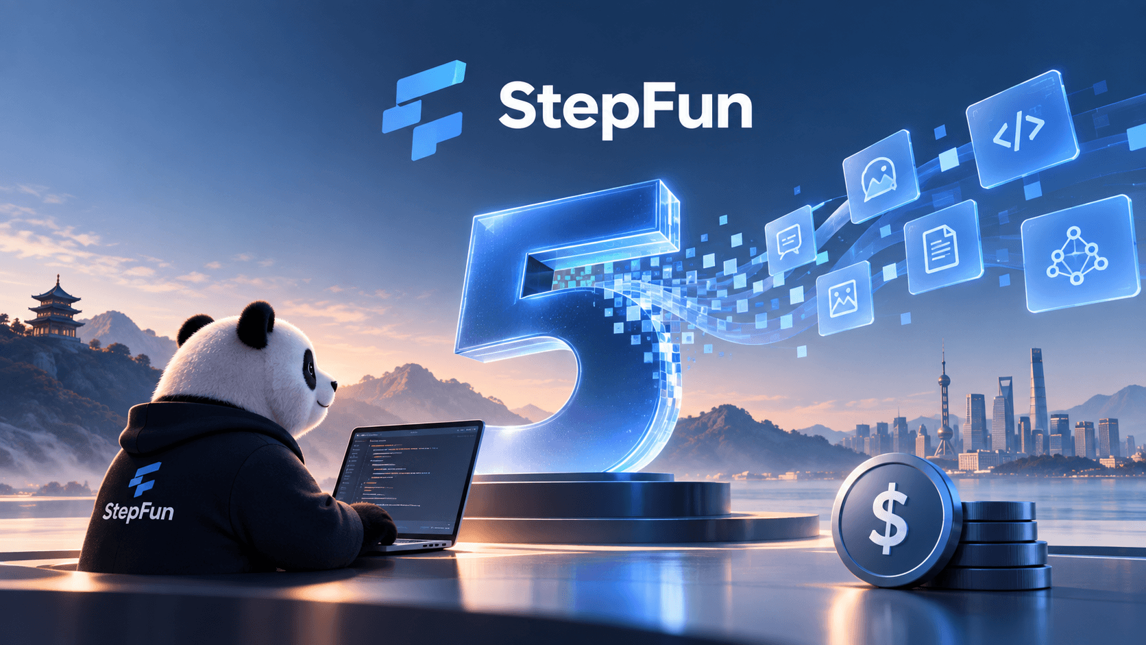 Futuristic StepFun AI scene featuring a large glowing number five, a developer panda working on a laptop, digital code icons, and pricing symbols representing an AI API launch.