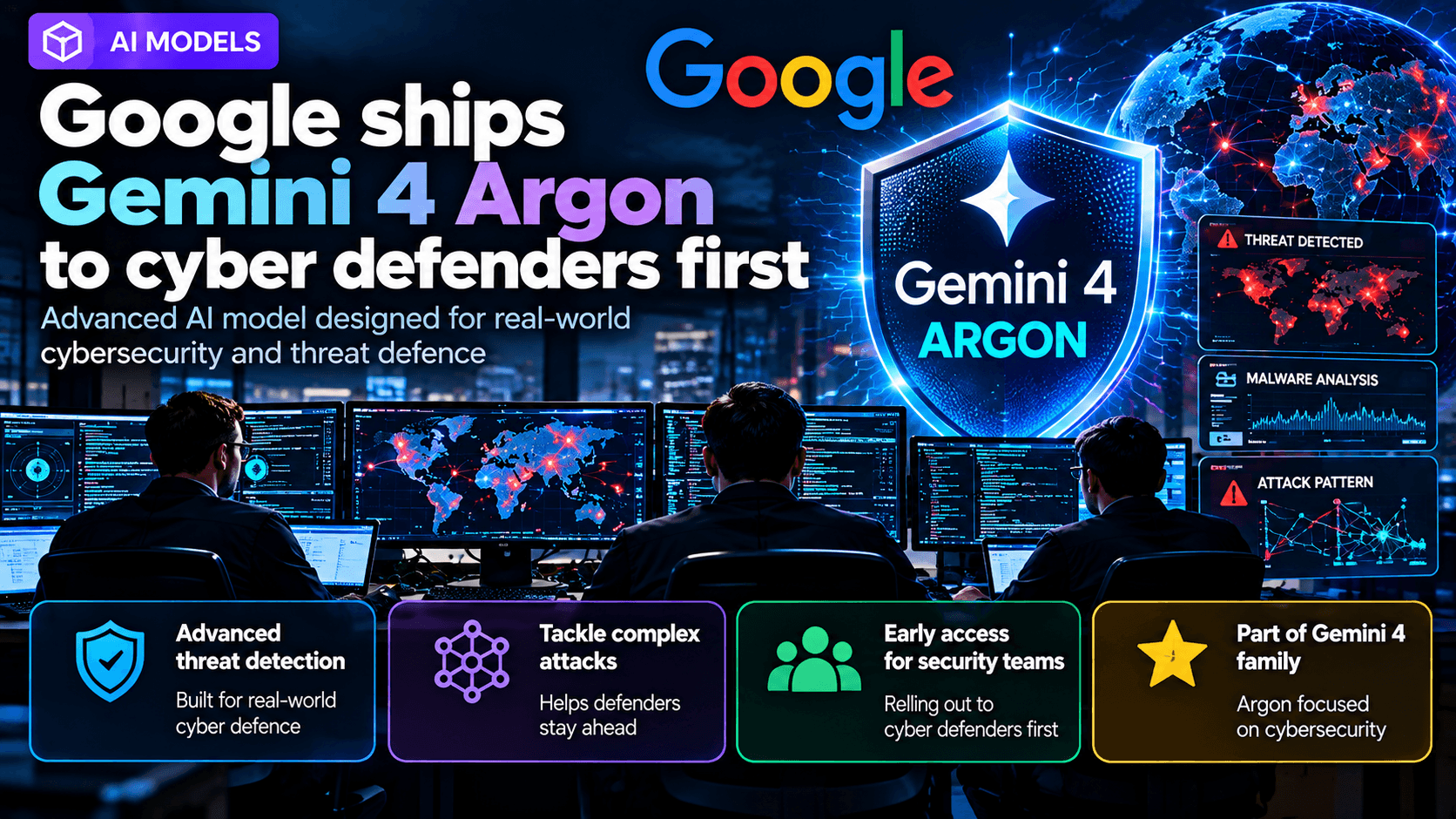 Google Gemini 4 Argon AI model cybersecurity news graphic showing security analysts monitoring cyber threats, advanced threat detection dashboards, digital shields, and Google's AI technology designed for cyber defenders.
