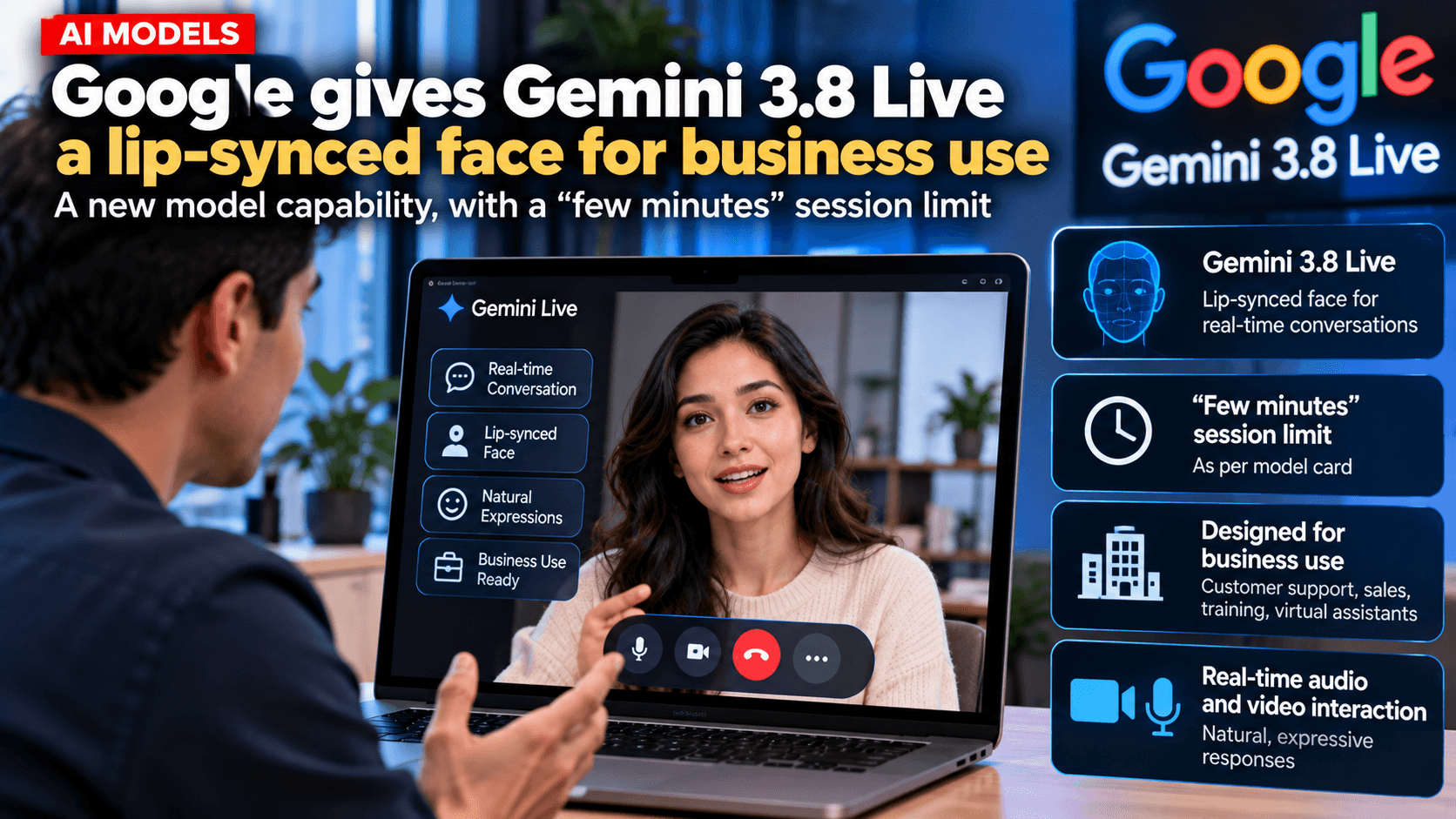 AI models news graphic showing a user interacting with a realistic Gemini Live avatar on a laptop, with callouts for lip-synced conversation, real-time audio and video, business use, and a short session limit.