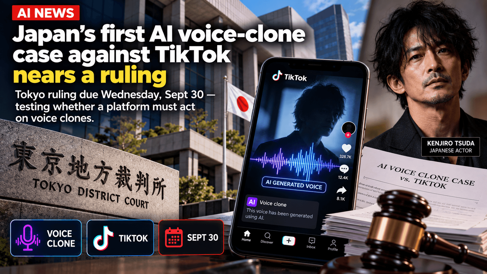 Japanese legal news graphic showing Tokyo District Court, TikTok, an AI-generated voice waveform, a gavel, and actor Kenjiro Tsuda, highlighting Japan’s first major AI voice-clone case against TikTok ahead of a September 30 ruling.