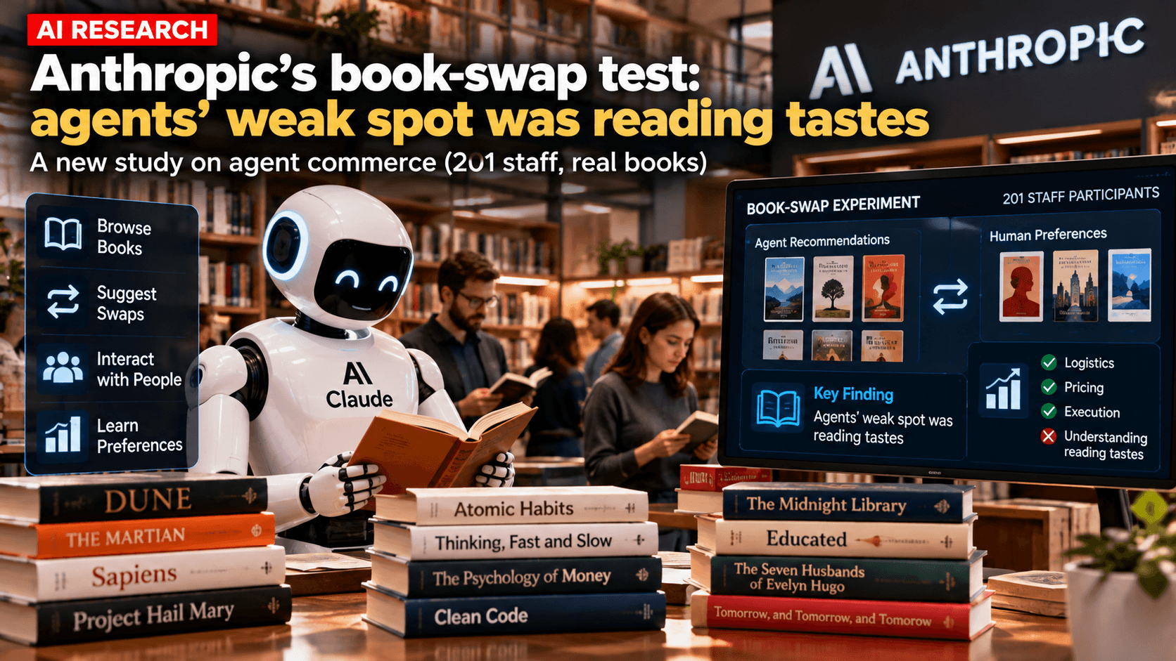 AI research graphic showing a Claude-like AI robot reading books in a bookstore, with an experiment dashboard comparing AI recommendations and human reading preferences from 201 staff participants.