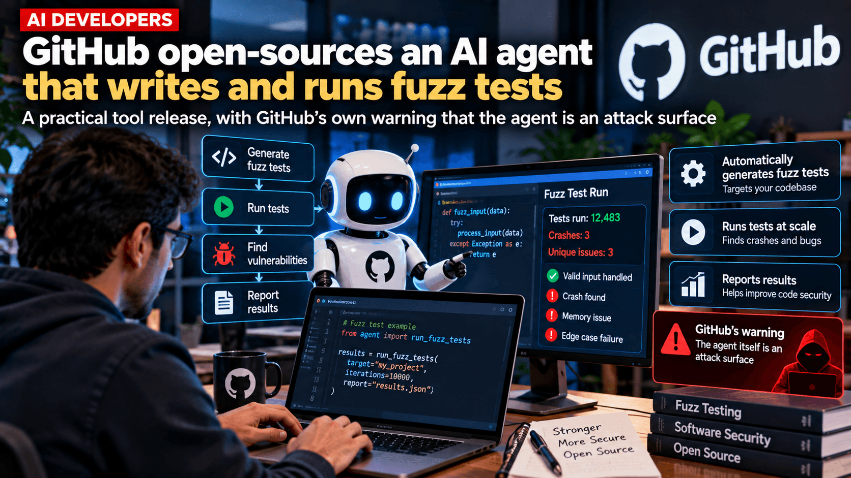 AI developer news graphic showing a developer and GitHub-branded AI agent generating and running fuzz tests, with code, vulnerability findings, test results, and a warning that the agent itself can be an attack surface.