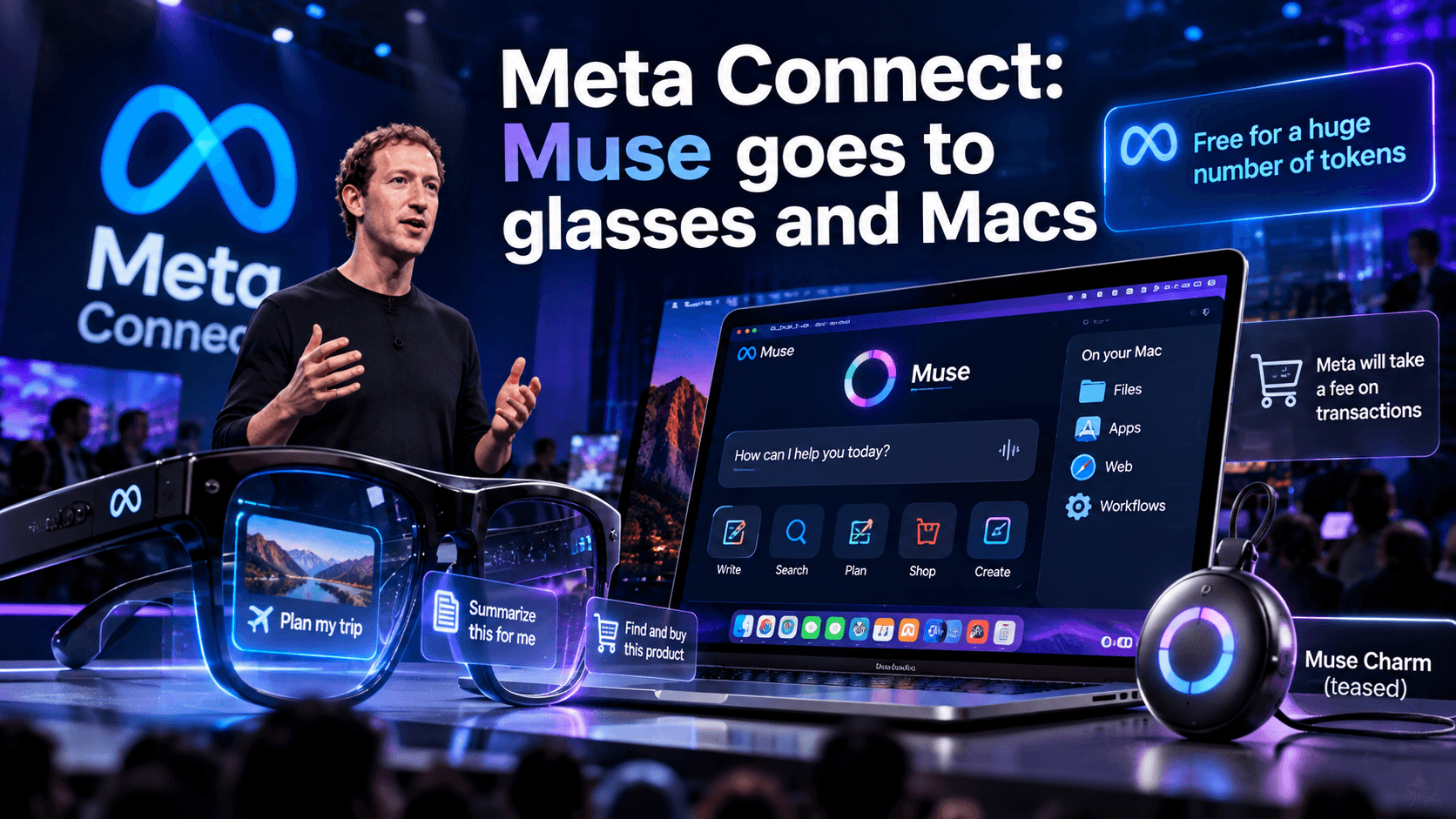 Meta Connect presentation showing Muse AI integrated with smart glasses and a Mac, with token usage, transaction-fee, and Muse Charm callouts.