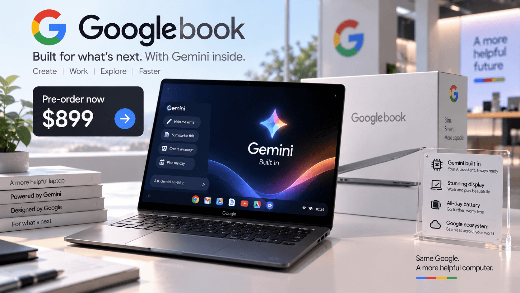 Futuristic Googlebook laptop featuring built-in Gemini AI, representing Google's new AI-powered laptop available for pre-order.