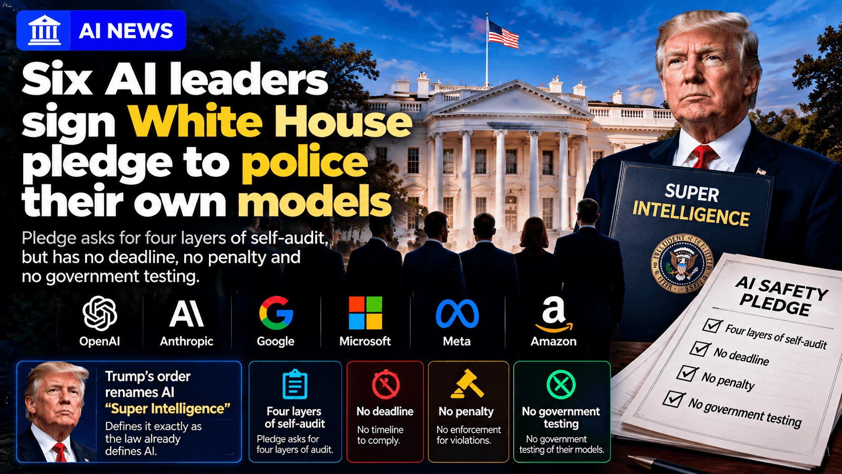 “AI news graphic showing six major AI companies represented at the White House, with Donald Trump, the White House, an AI safety pledge, and callouts for four layers of self-audit, no deadline, no penalty, and no government testing.