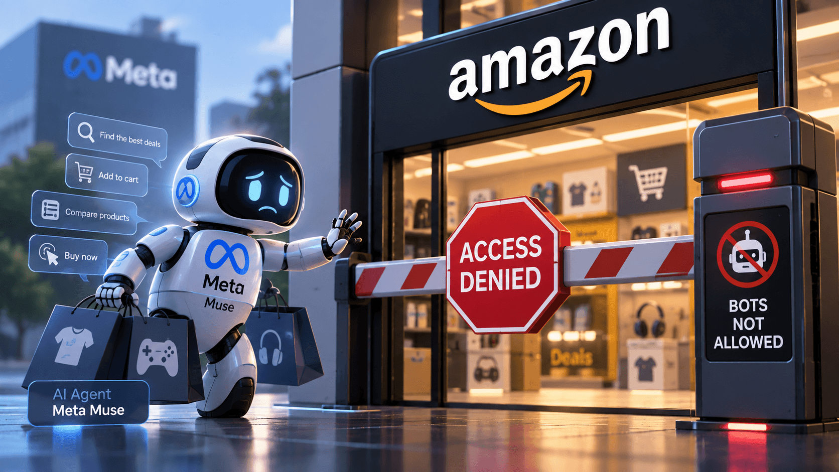 Futuristic Amazon shopping environment showing a Meta Muse AI agent blocked from accessing an online store by a digital security barrier.