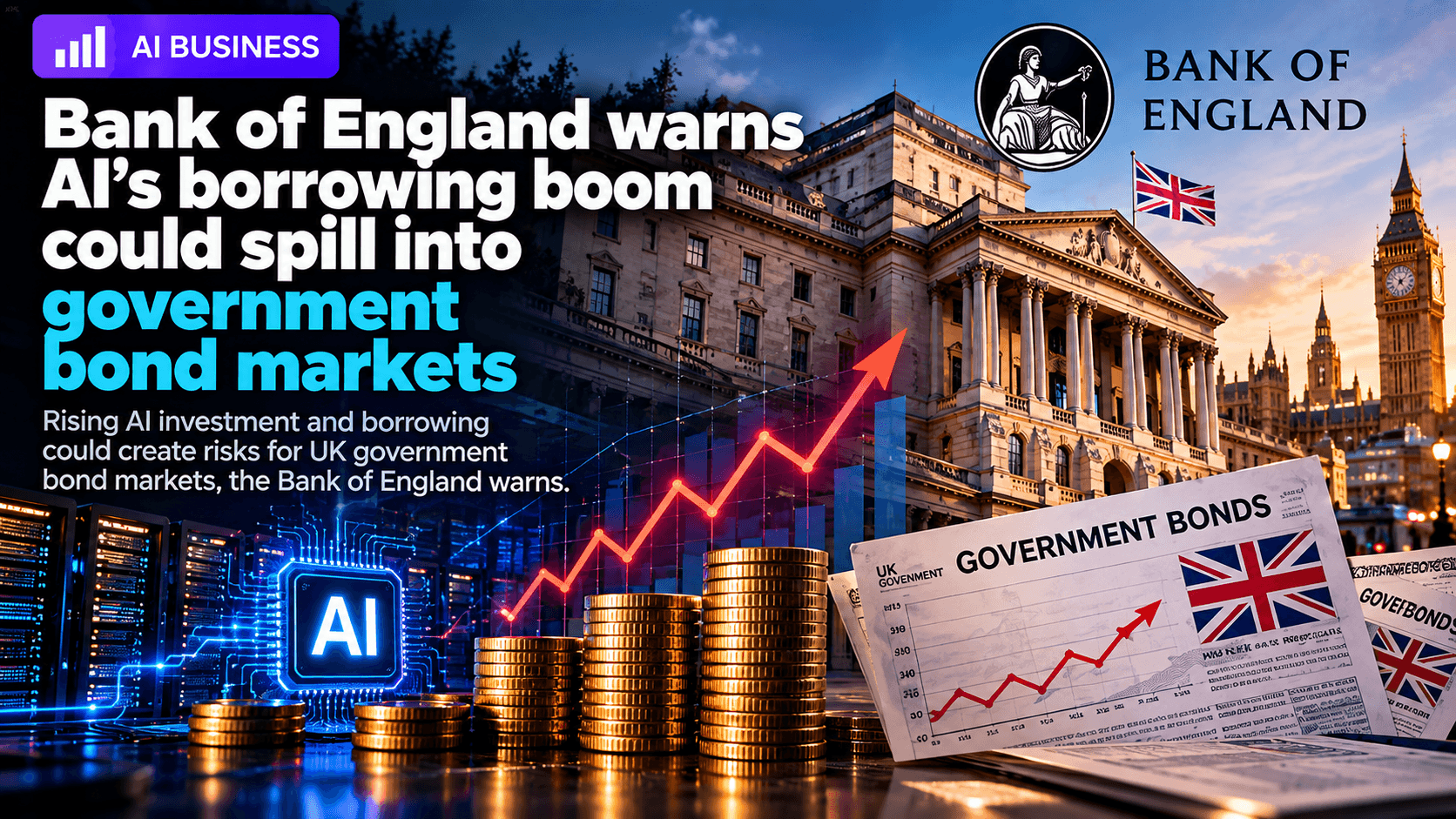 AI business news graphic showing the Bank of England warning that rising artificial intelligence investment and borrowing could affect UK government bond markets, with financial charts, data center imagery, government bond documents, and rising market indicators.